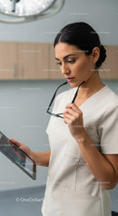 Female Medical Professional Analyzing Data on Digital Tablet in Clinic