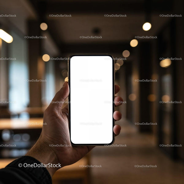 Hand holding smartphone with blank screen in modern office JPG Mockup Image