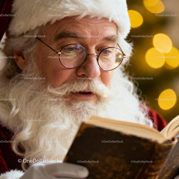 Santa Claus Reading an Old Book by Christmas Lights