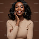 Elegant Woman with Radiant Smile and Curly Hair in Studio Portrait