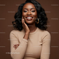 Elegant Woman with Radiant Smile and Curly Hair in Studio Portrait