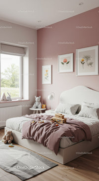 Cozy Children's Bedroom with Pastel Pink Wall and Modern Decor