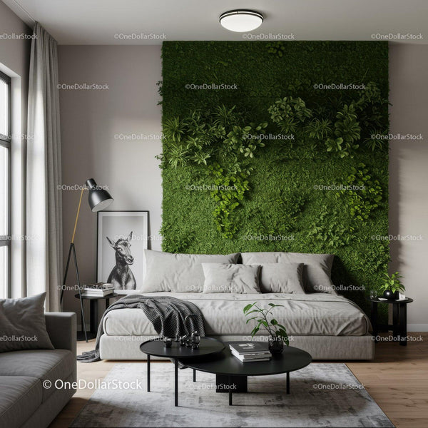 Modern Bedroom with Green Plant Wall and Cozy Decor