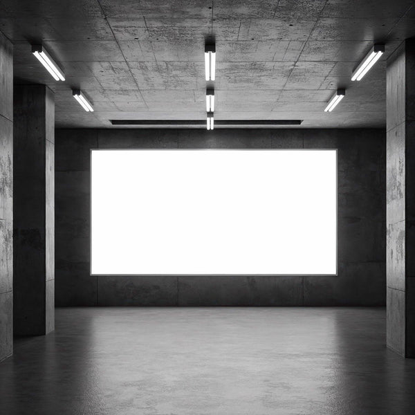Empty industrial space with large illuminated display panel JPG Mockup Image