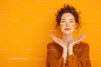 Portrait of a Smiling Young Woman with Freckles Against Bright Orange Background