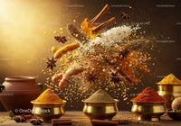 Assortment of Indian spices and herbs in brass bowls