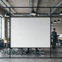 Modern office meeting room with glass partition and blank board