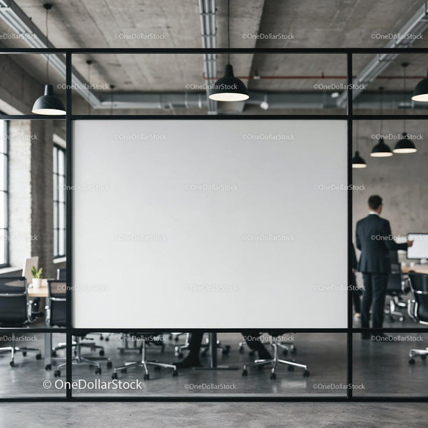 Modern office meeting room with glass partition and blank board JPG Mockup Image