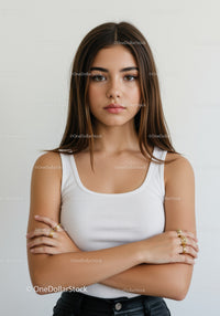 Confident Young Woman Portrait with Crossed Arms in Studio