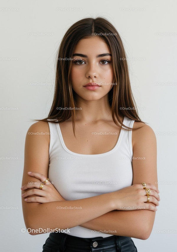 Confident Young Woman Portrait with Crossed Arms in Studio