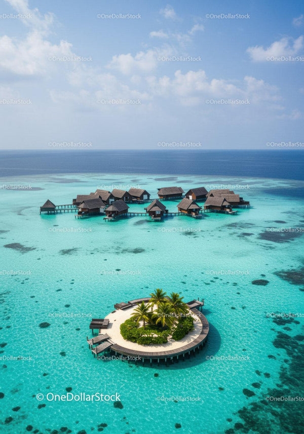 Overwater Bungalows in Tropical Paradise with Clear Turquoise Water