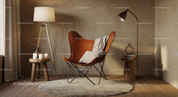 Cozy leather butterfly chair in warm minimalist interior