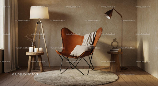 Cozy leather butterfly chair in warm minimalist interior