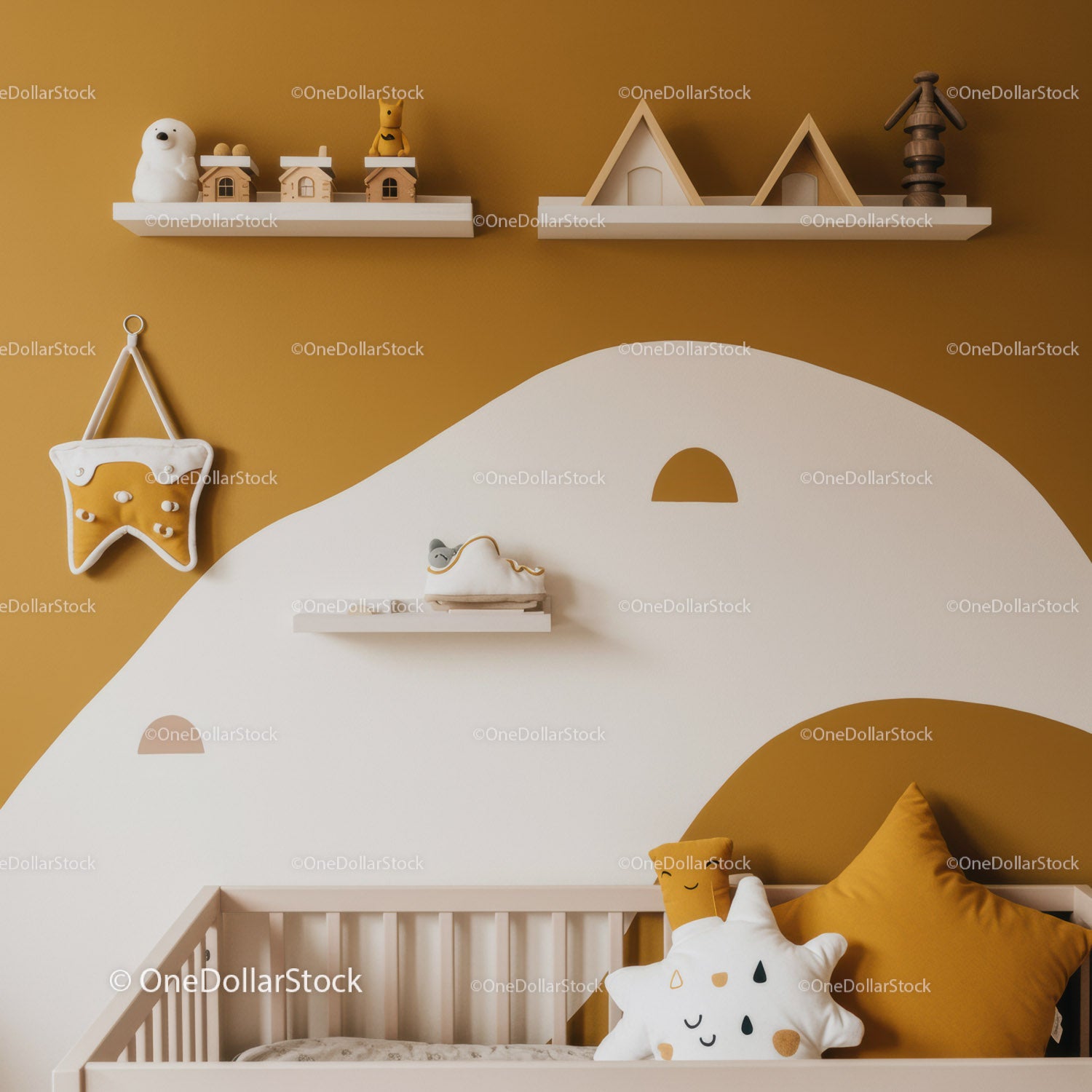 Cute Nursery Decor with Cloud and Star Pillows and Wooden Shelves