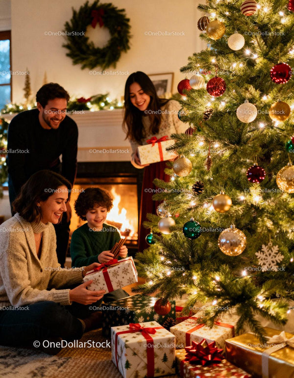Family Unwrapping Gifts by Cozy Christmas Tree