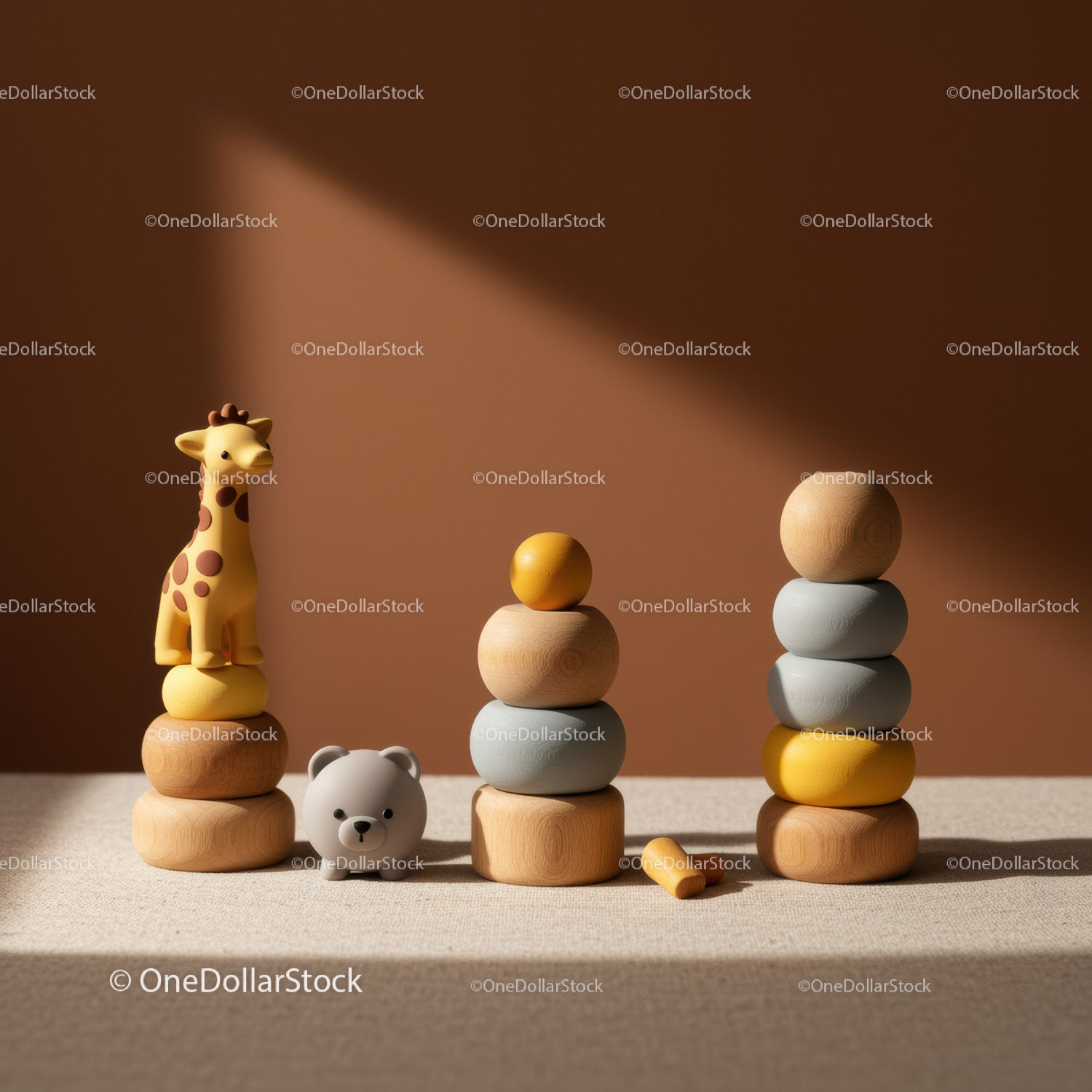 Wooden Stacking Toys and Animal Figures in Warm Light