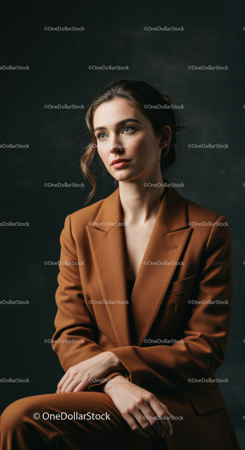 Elegant Young Woman in Brown Suit and Stylish Fashion Portrait