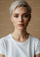 Portrait of a Beautiful Woman with Short Blonde Hair and Blue Eyes