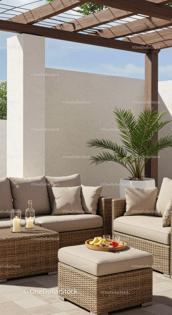 Modern Outdoor Lounge with Wicker Furniture and Greenery
