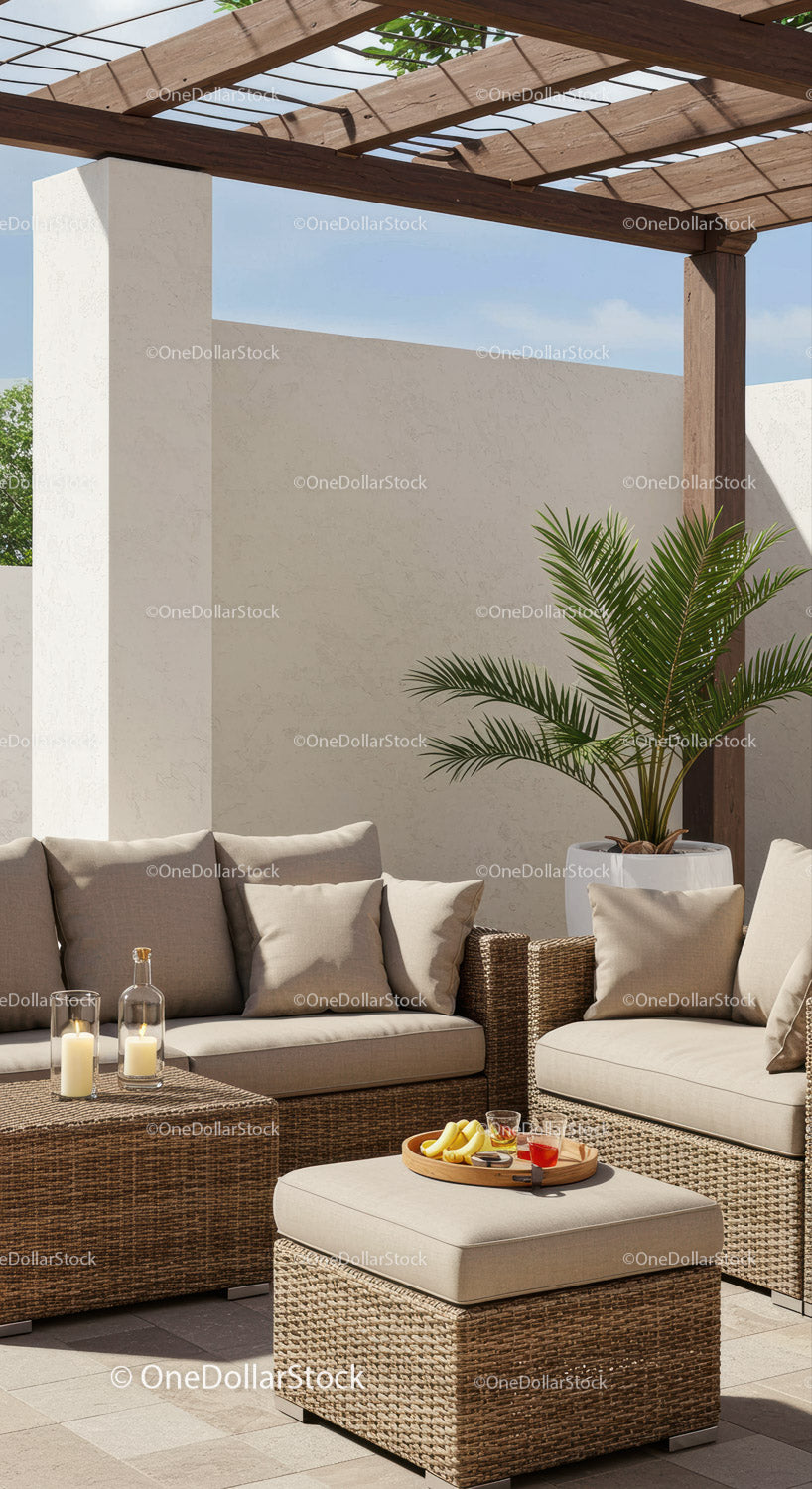 Modern Outdoor Lounge with Wicker Furniture and Greenery