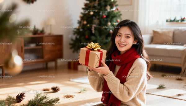 Smiling young woman holding Christmas gift at home