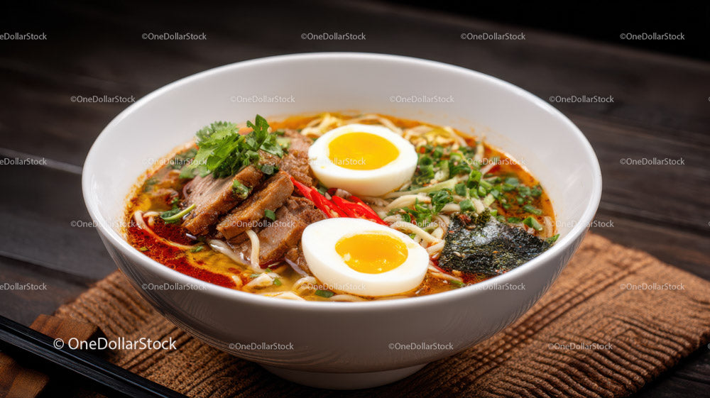 Spicy Ramen with Boiled Eggs and Pork in Broth