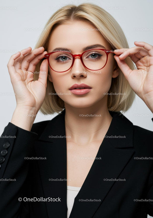 Pewna siebie kobieta w czerwonych okularach - portret w studio