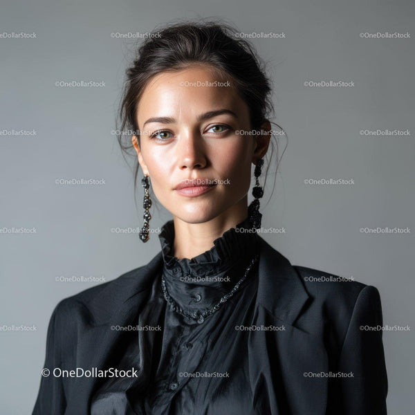 Elegancka kobieta w czarnej stylizacji z kolczykami - portret w studio