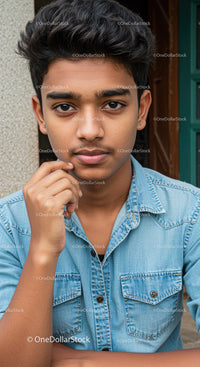 Young Man in Denim Shirt with Confident Expression Outdoors