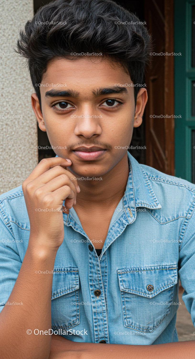 Young Man in Denim Shirt with Confident Expression Outdoors