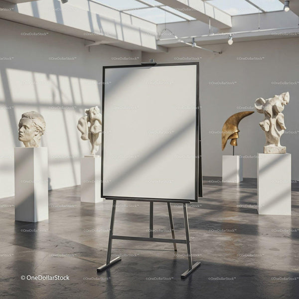 Blank Canvas on Easel in Bright Modern Sculpture Gallery JPG Mockup Image