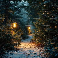Snowy forest path illuminated by warm lantern lights