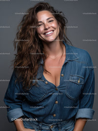 Smiling Woman in Denim Jacket with Long Curly Hair