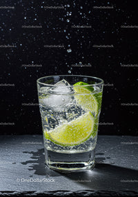 Refreshing sparkling water with lime and ice cubes