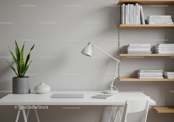 Modern Minimalist Home Office with Green Snake Plant and Wooden Shelves