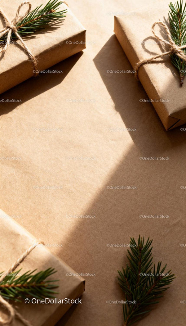 Natural wrapped gifts with pine sprigs on rustic paper