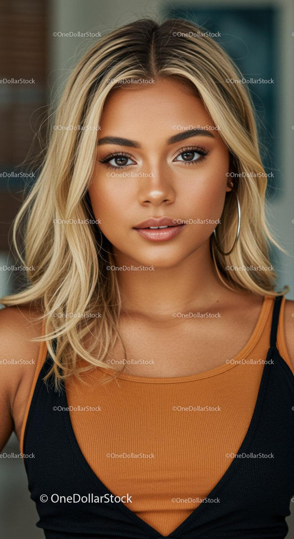 Confident young woman with natural makeup and blonde hair