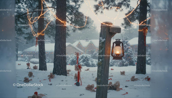 Snowy winter scene with glowing lantern and festive decorations