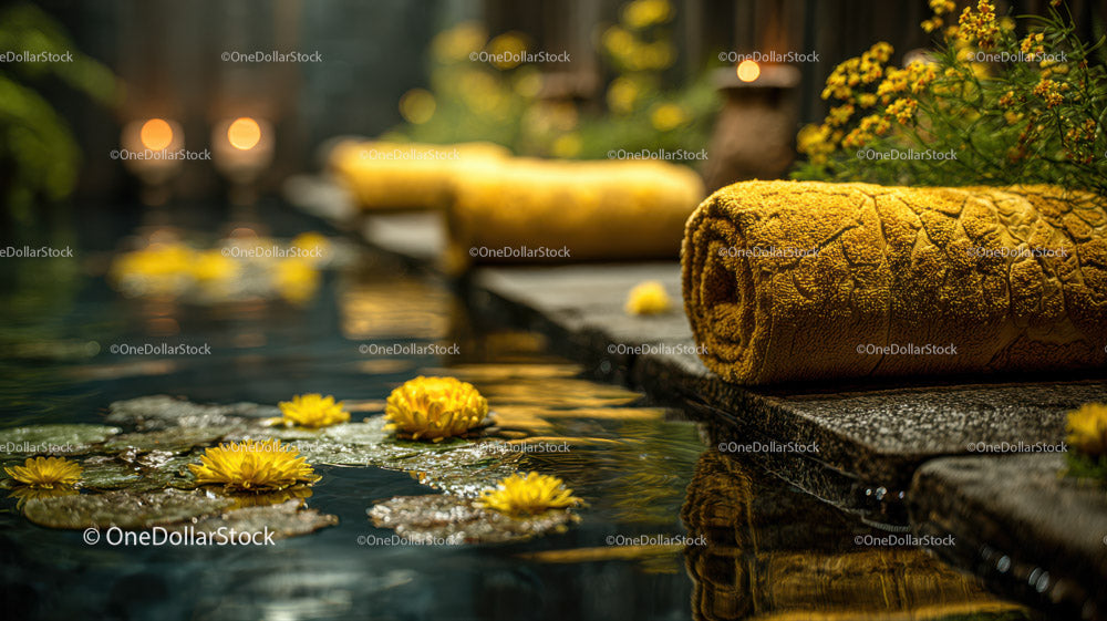 Relaxing Spa Scene with Yellow Towels and Floating Flowers