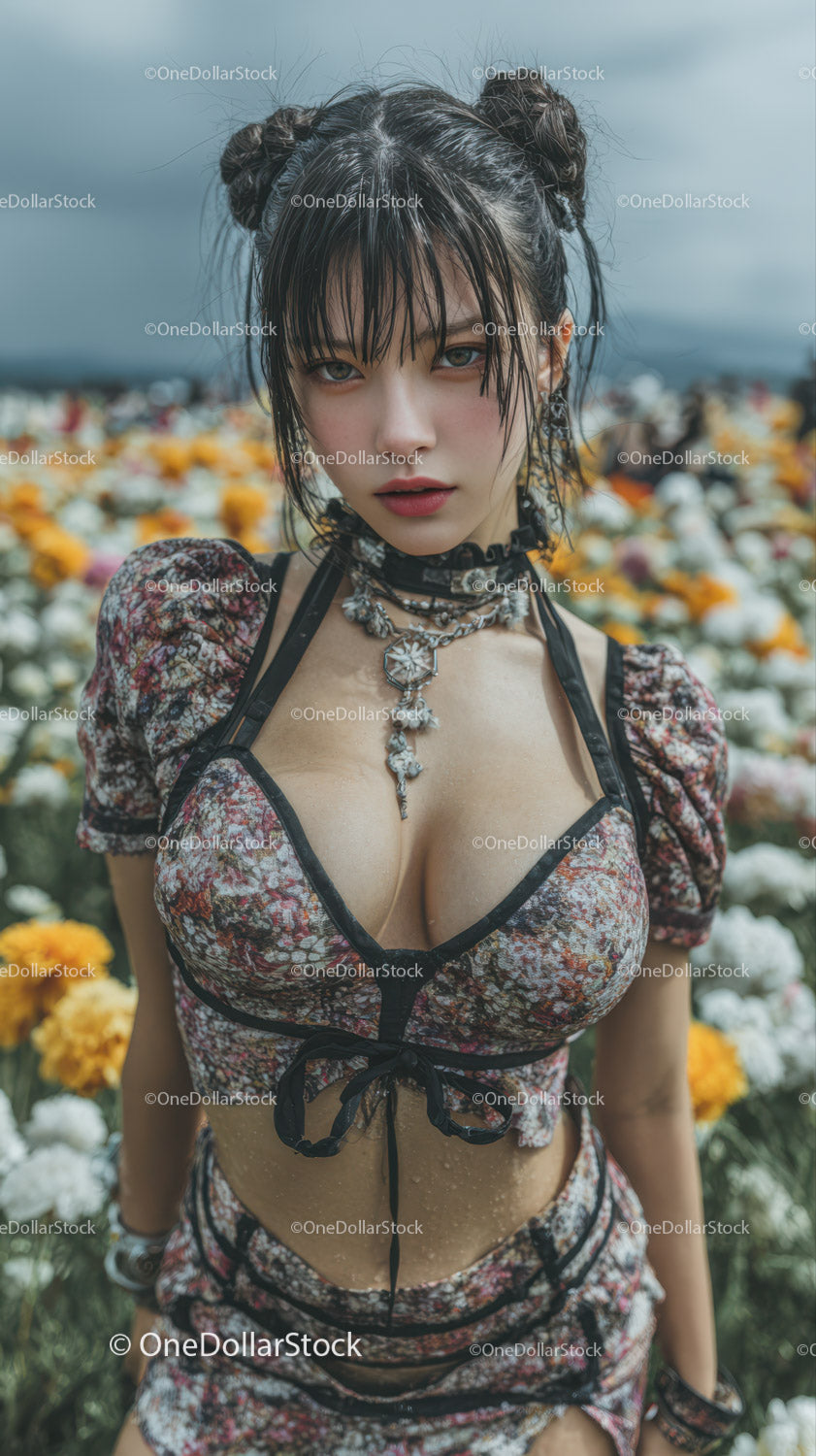 Fashion Portrait of Young Woman in Floral Dress with Stormy Sky