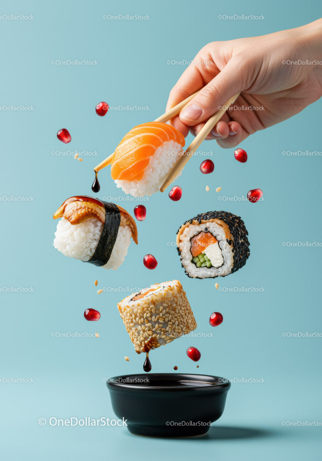 Fresh sushi rolls with soy sauce and pomegranate seeds