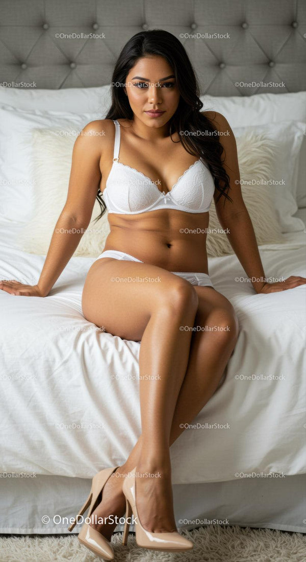 Confident woman in white lingerie sitting on bed