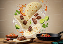 Flying grilled steak tacos with fresh salsa and lime