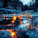 Warm glowing lights on icy winter surface