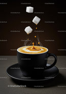 Black cup of steaming coffee with sugar cubes falling