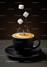 Black cup of steaming coffee with sugar cubes falling