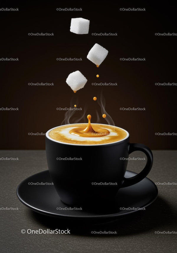 Black cup of steaming coffee with sugar cubes falling