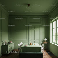 Bright Green Interior Dining Room with Large Window and Wooden Floor