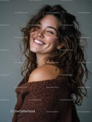 Portrait of a Smiling Woman with Curly Hair and Brown Sweater