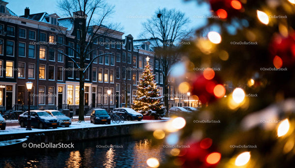 Festive Christmas tree by snowy canal at dusk